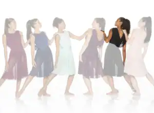 Six women modeling colorful sleeveless dresses against white background
