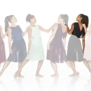 Six women modeling colorful sleeveless dresses against white background