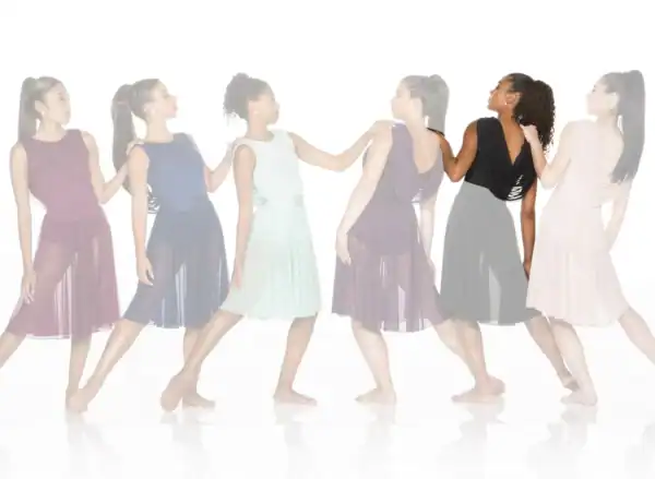 Six women modeling colorful sleeveless dresses against white background
