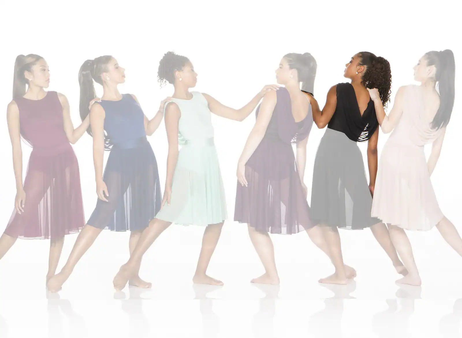 Six women modeling colorful sleeveless dresses against white background