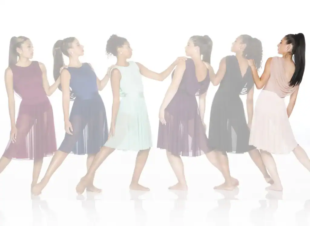 Six women modeling flowing sleeveless dresses in various colors