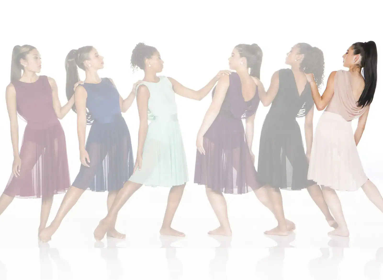 Six women modeling flowing sleeveless dresses in various colors