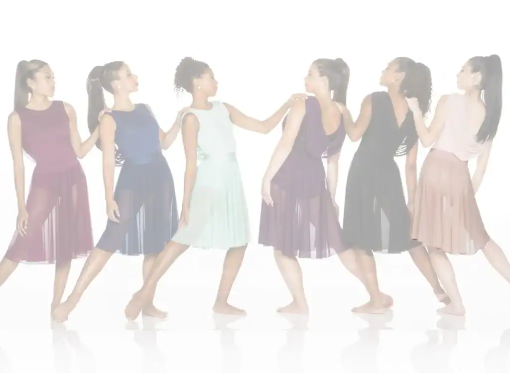 Six women in flowing dresses pose in a connected line.