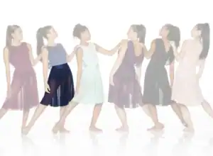 Six women wearing colorful chiffon dresses pose in a line.