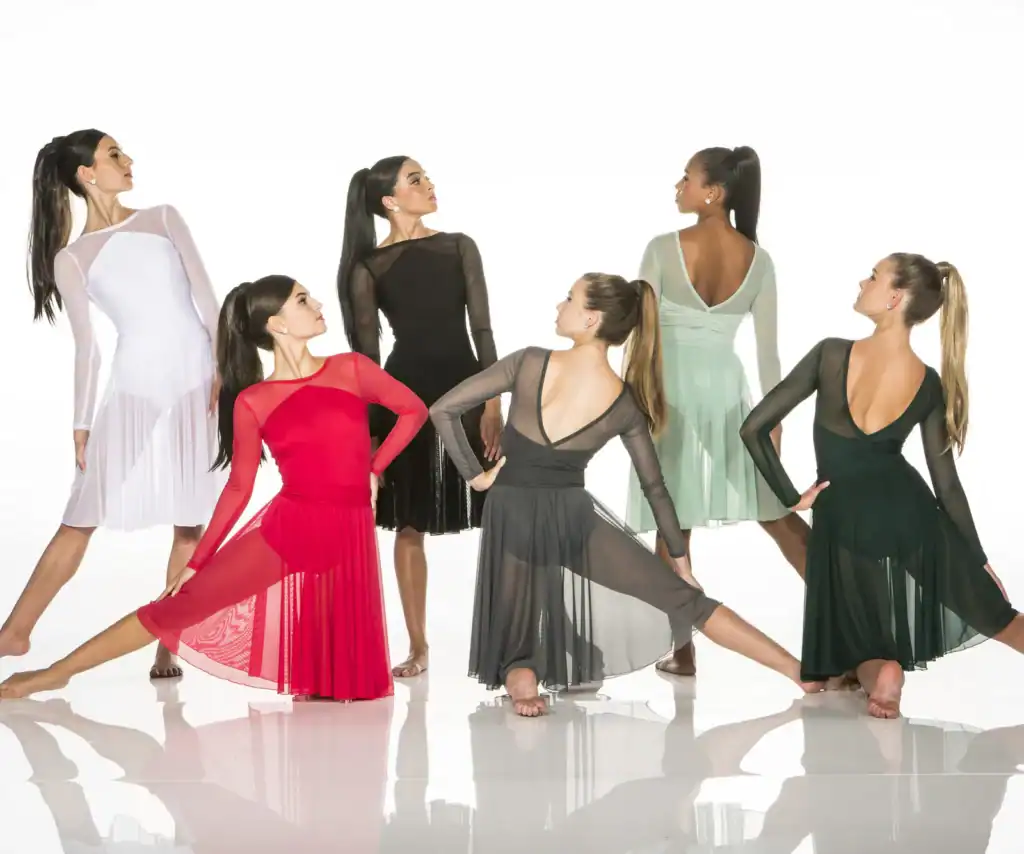 Six women pose in colorful sheer dance dresses.