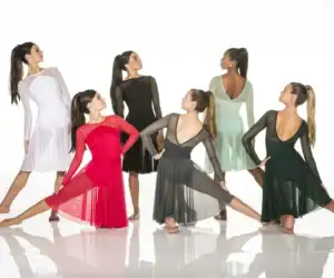 Six women pose in colorful sheer dance dresses.