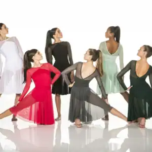 Six women pose in colorful sheer dance dresses.