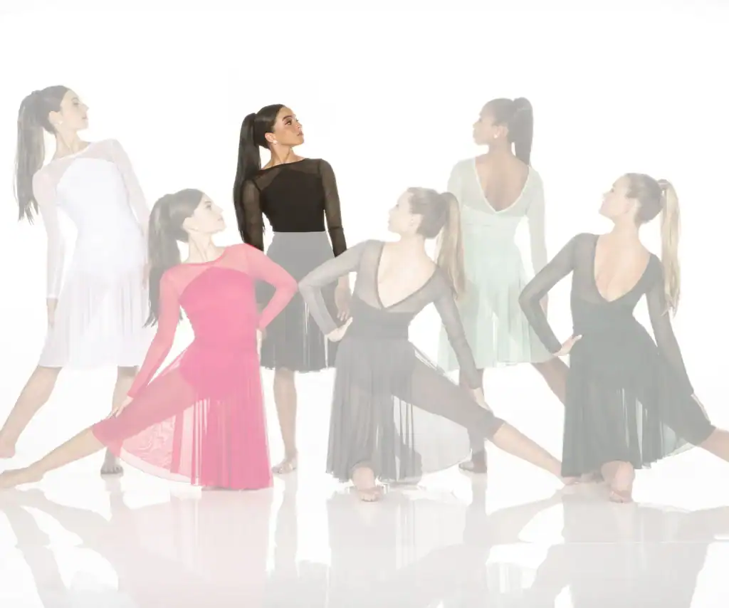 Women modeling flowing dance dresses against a white background