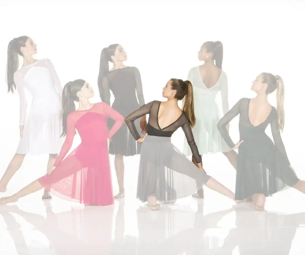 Six women model flowing dance dresses on white background.
