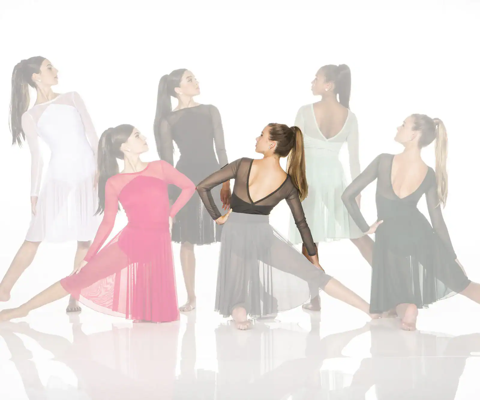 Six women model flowing dance dresses on white background.