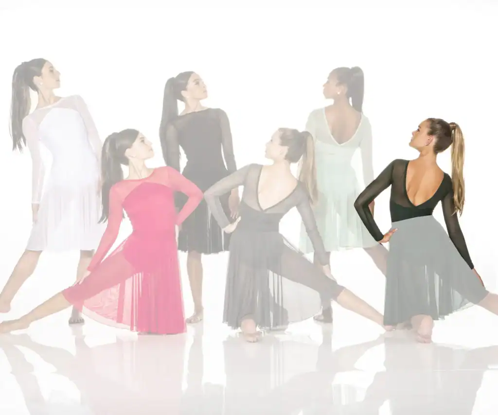Women modeling flowing ballroom dance dresses