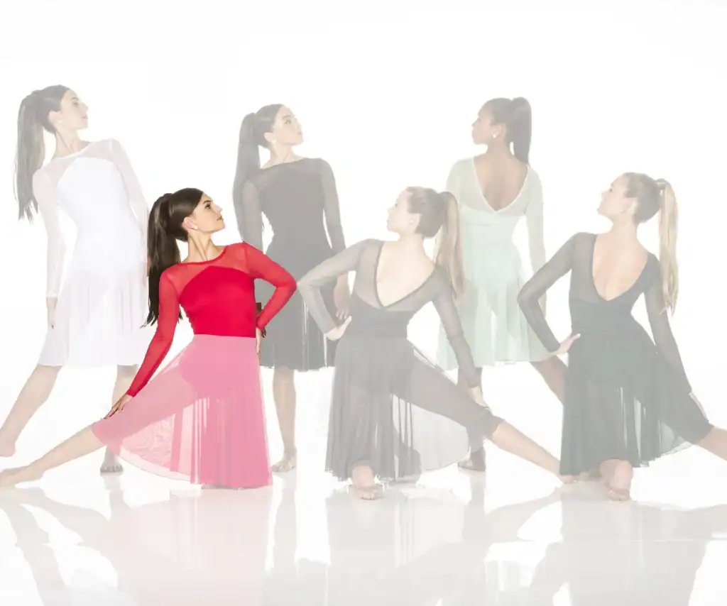 Dancers modeling flowing ballroom dresses in red, black, and pastel colors