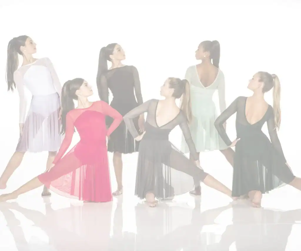 Six women modeling elegant dance dresses against white background