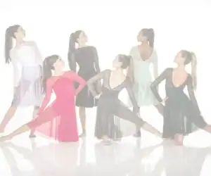 Six women modeling elegant dance dresses against white background