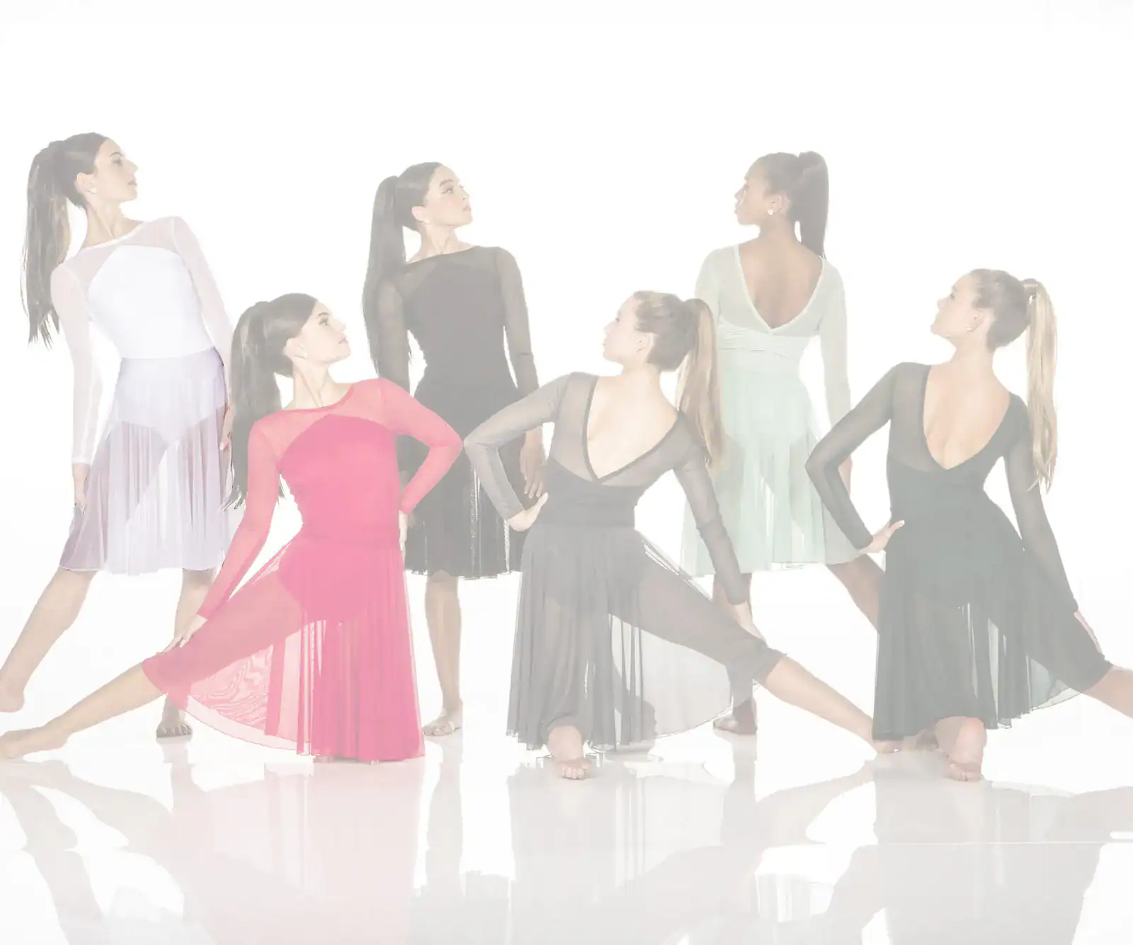 Six women modeling elegant dance dresses against white background