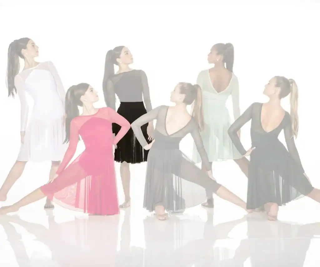 Six dancers model colorful flowing ballroom dresses.