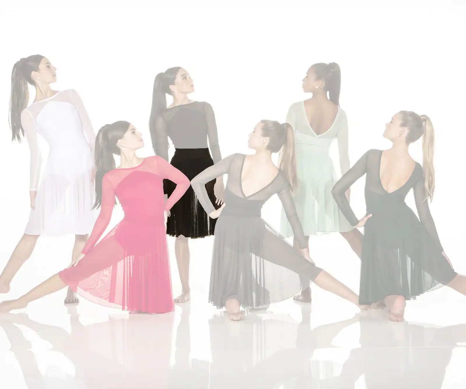 Six dancers model colorful flowing ballroom dresses.