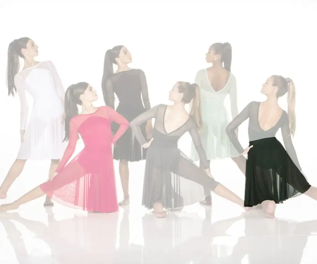 Six dancers pose in colorful flowing dresses.