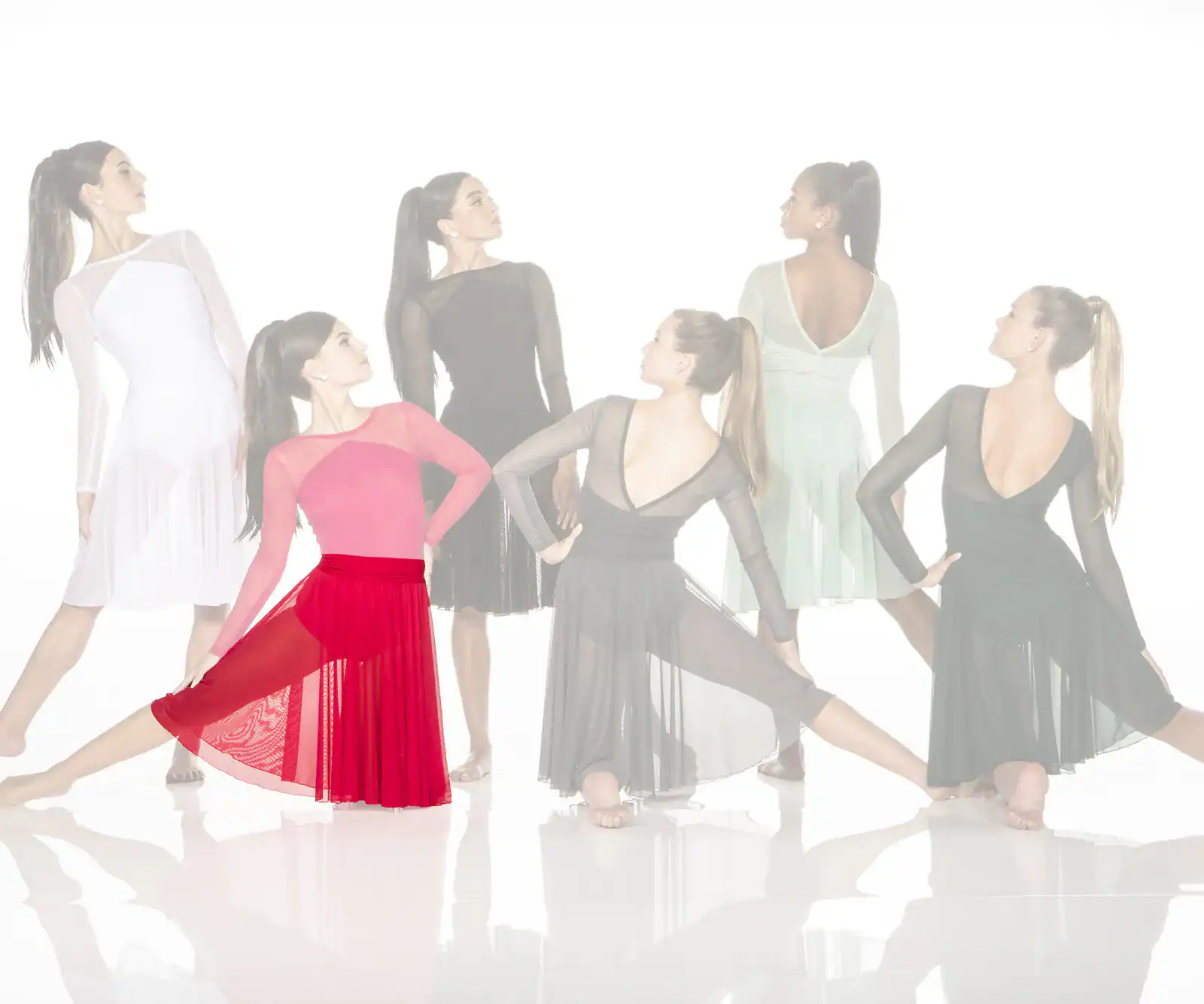 Six women modeling elegant dance dresses against white background