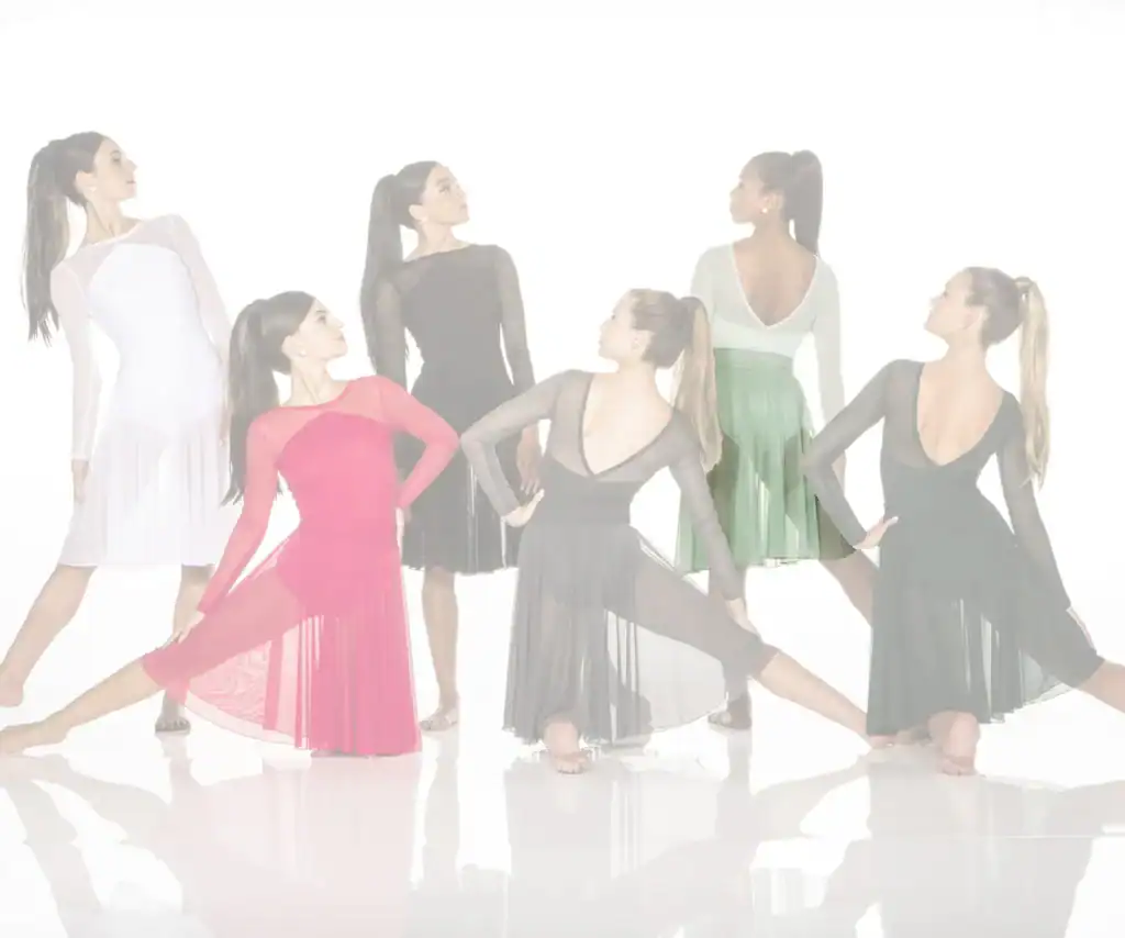 Six women model elegant ballroom dance dresses.