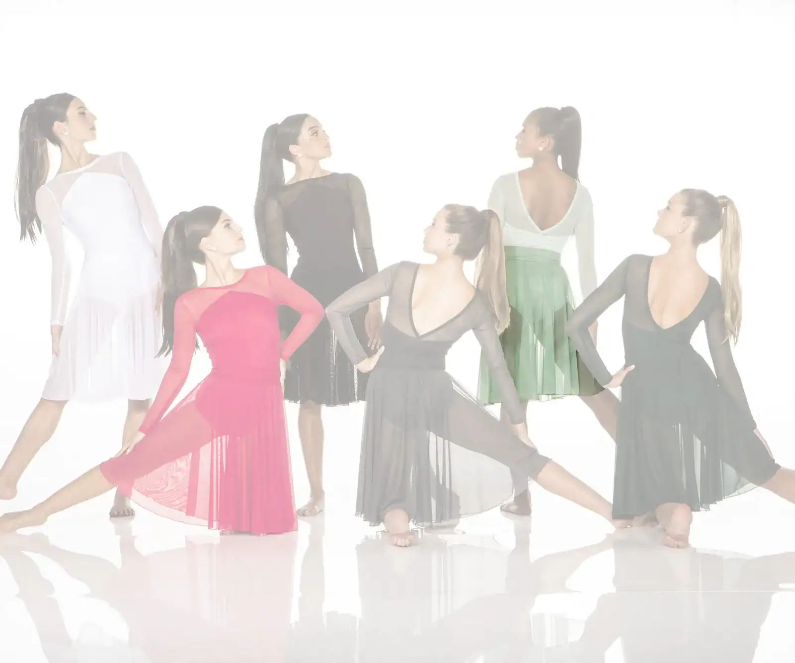 Six women model elegant ballroom dance dresses.