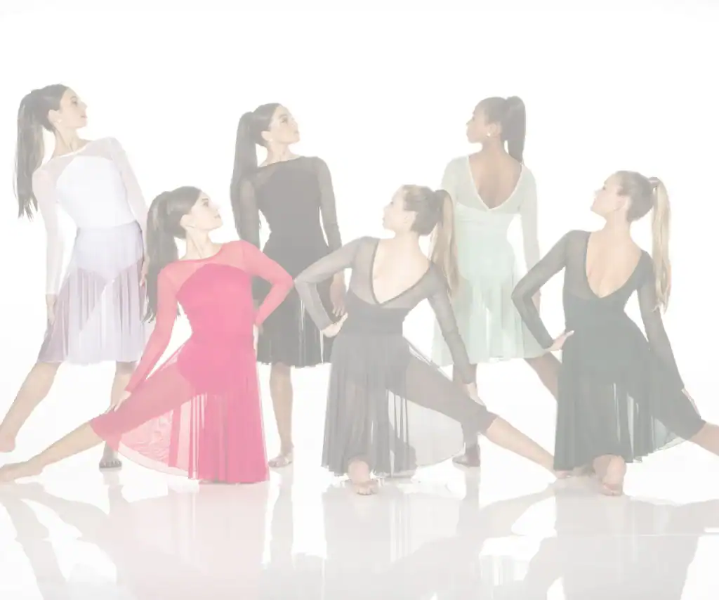 Six women pose in colorful ballroom dance dresses.