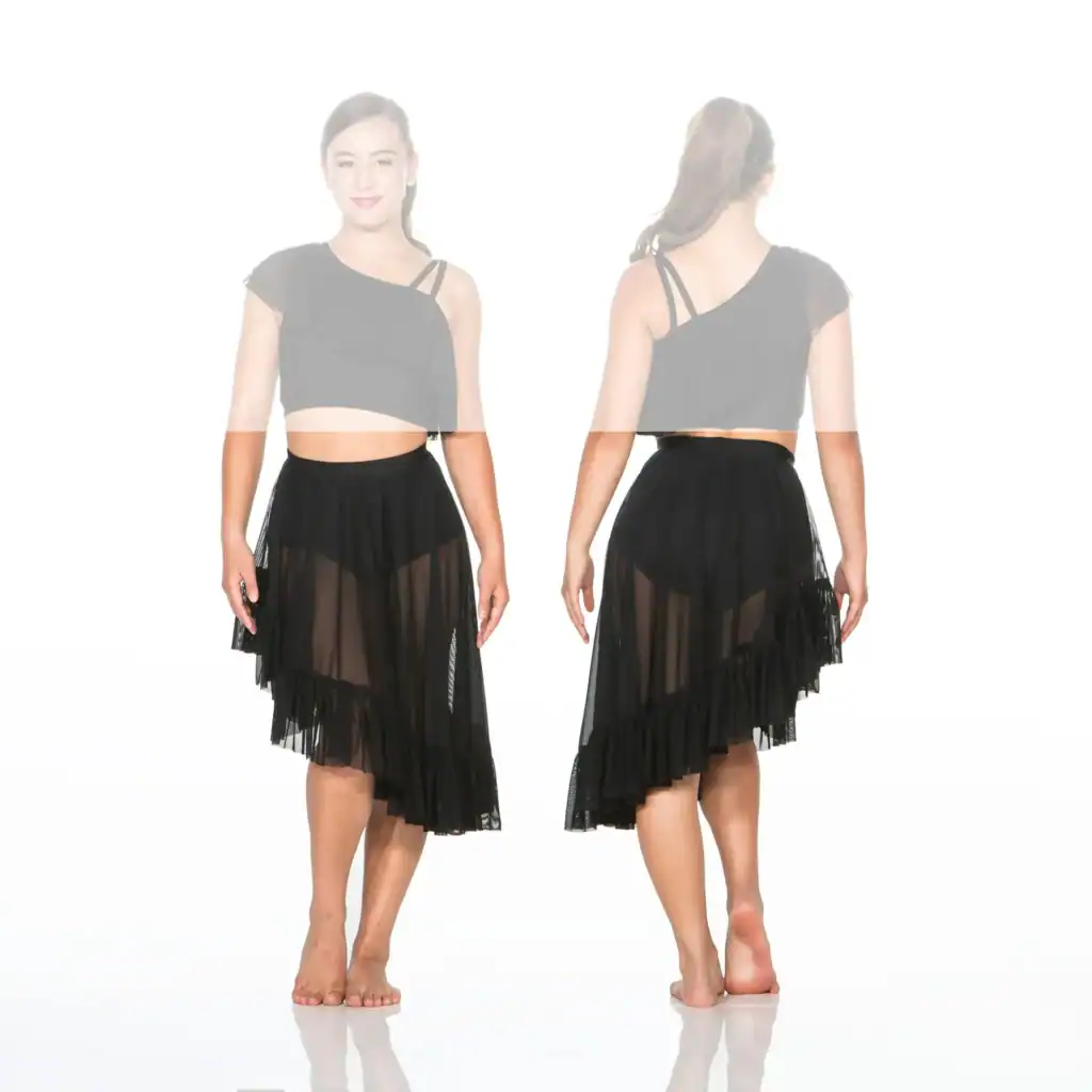 Front and back views of black asymmetrical dance outfit