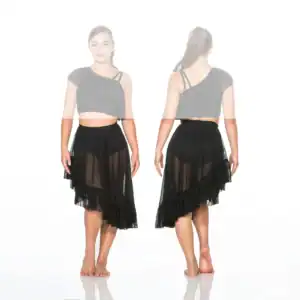 Front and back views of black asymmetrical dance outfit