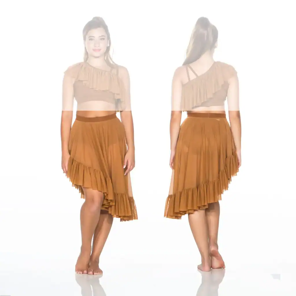 Front and back views of brown ruffled two-piece dress