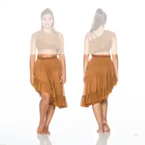 Front and back views of brown ruffled two-piece dress