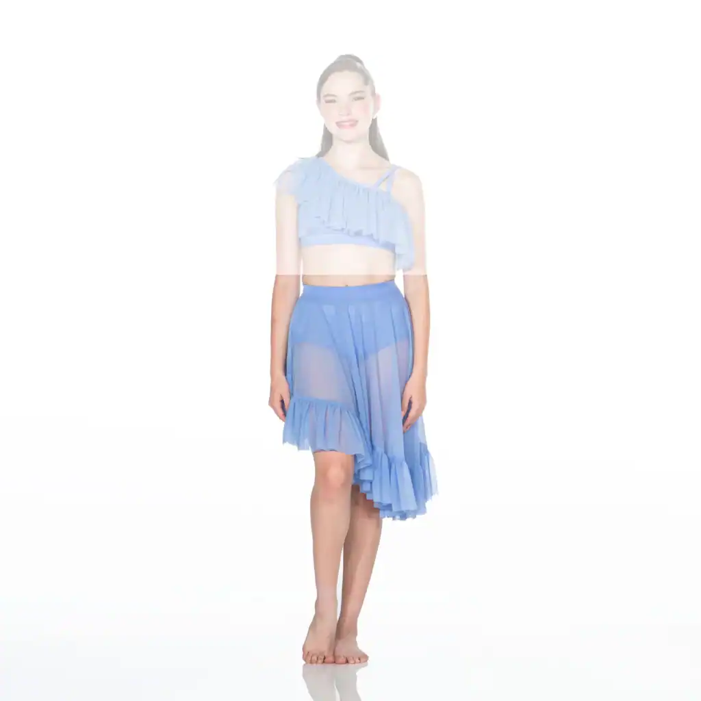 Woman wearing a light blue ruffled crop top and skirt