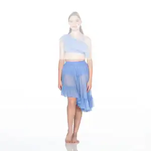 Woman wearing a light blue ruffled crop top and skirt