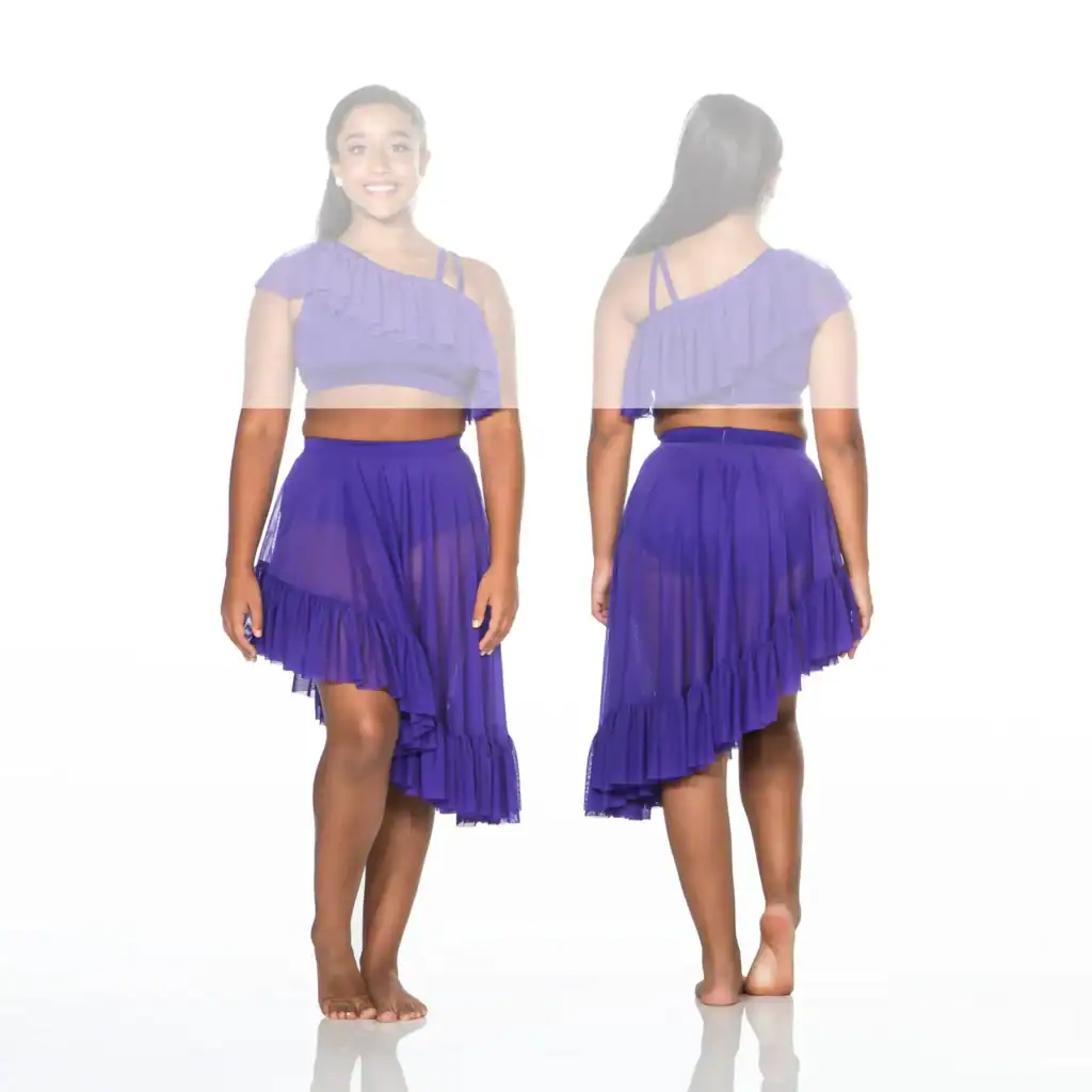 Front and back views of purple ruffled two-piece outfit