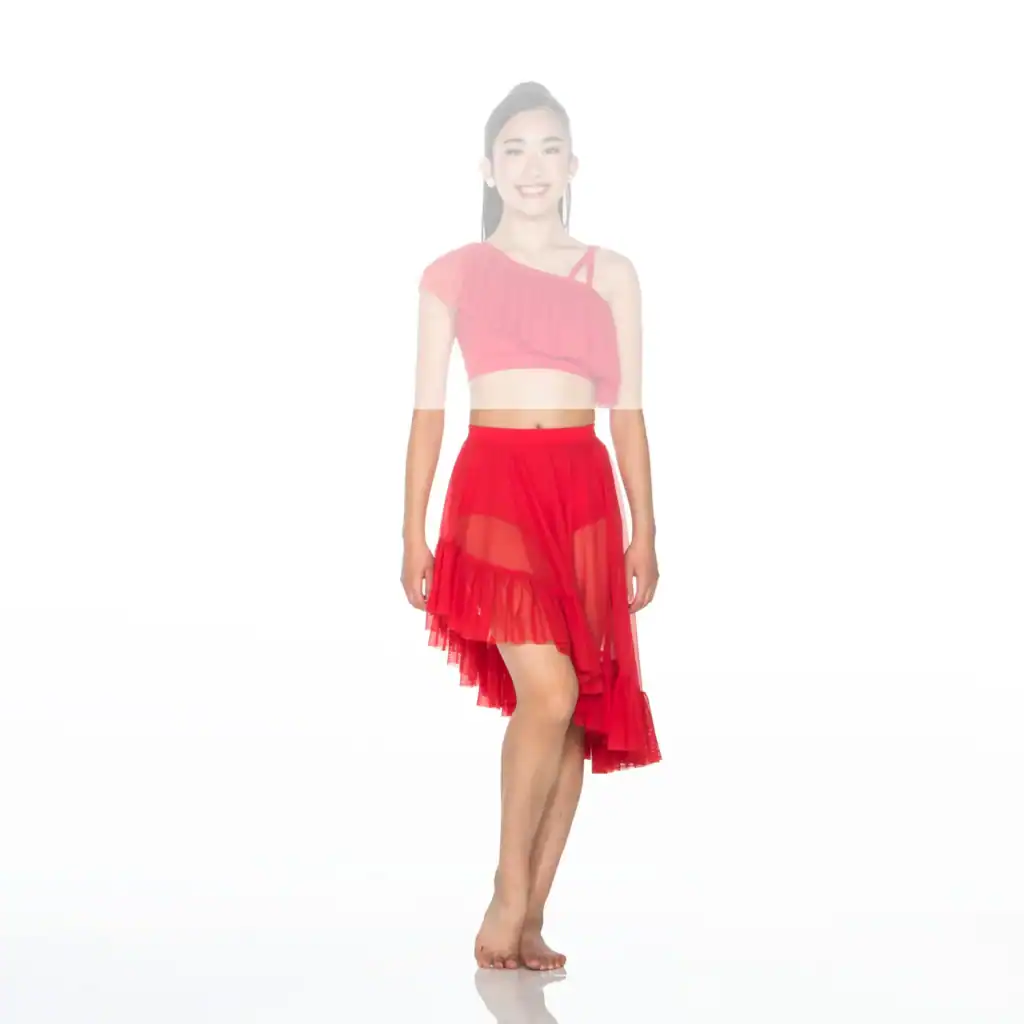 Young woman wearing red dance costume against white background