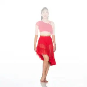 Young woman wearing red dance costume against white background