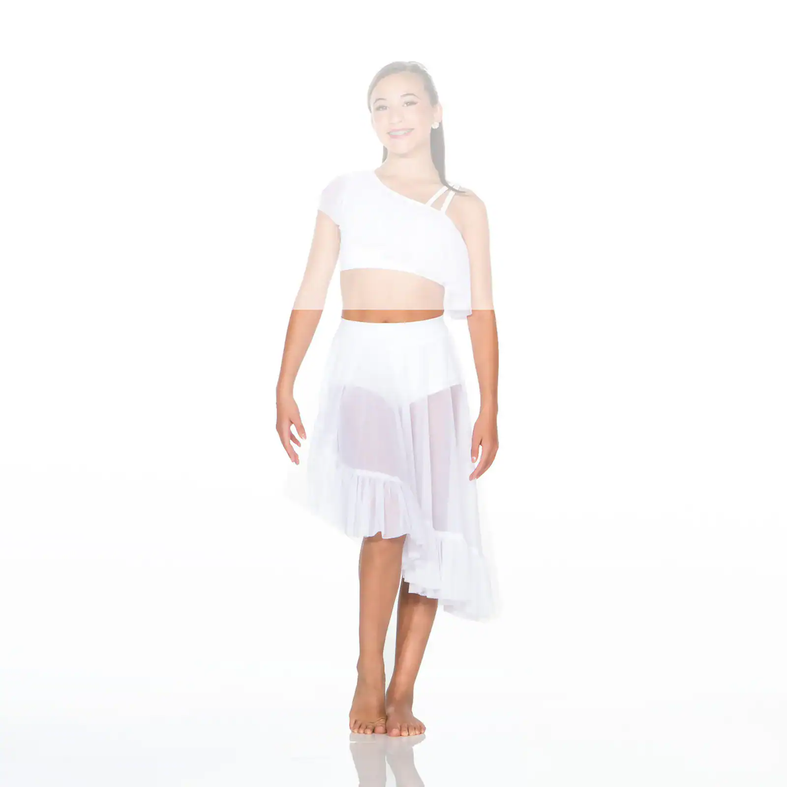 Young woman wearing white asymmetrical dance outfit