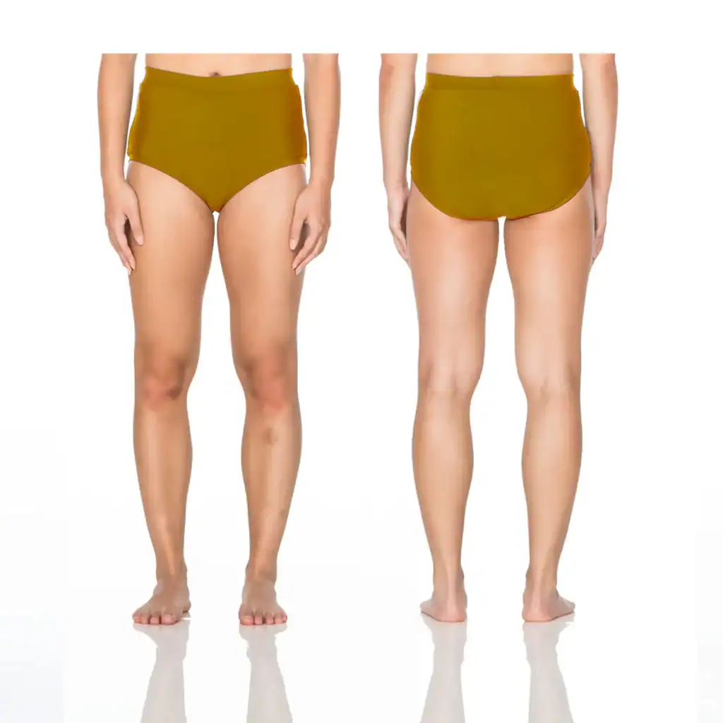 Front and back views of olive high-waisted bikini bottoms