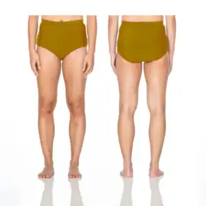 Front and back views of olive high-waisted bikini bottoms