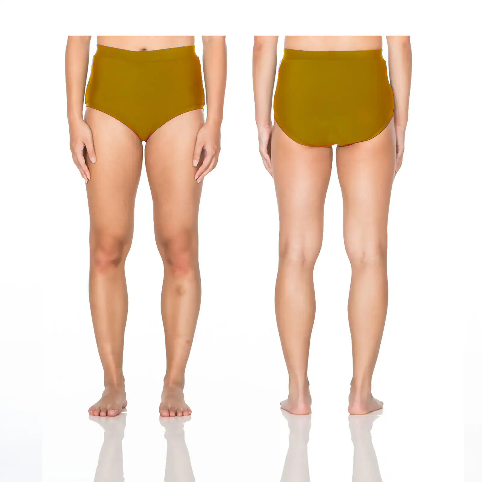 Front and back views of olive high-waisted bikini bottoms