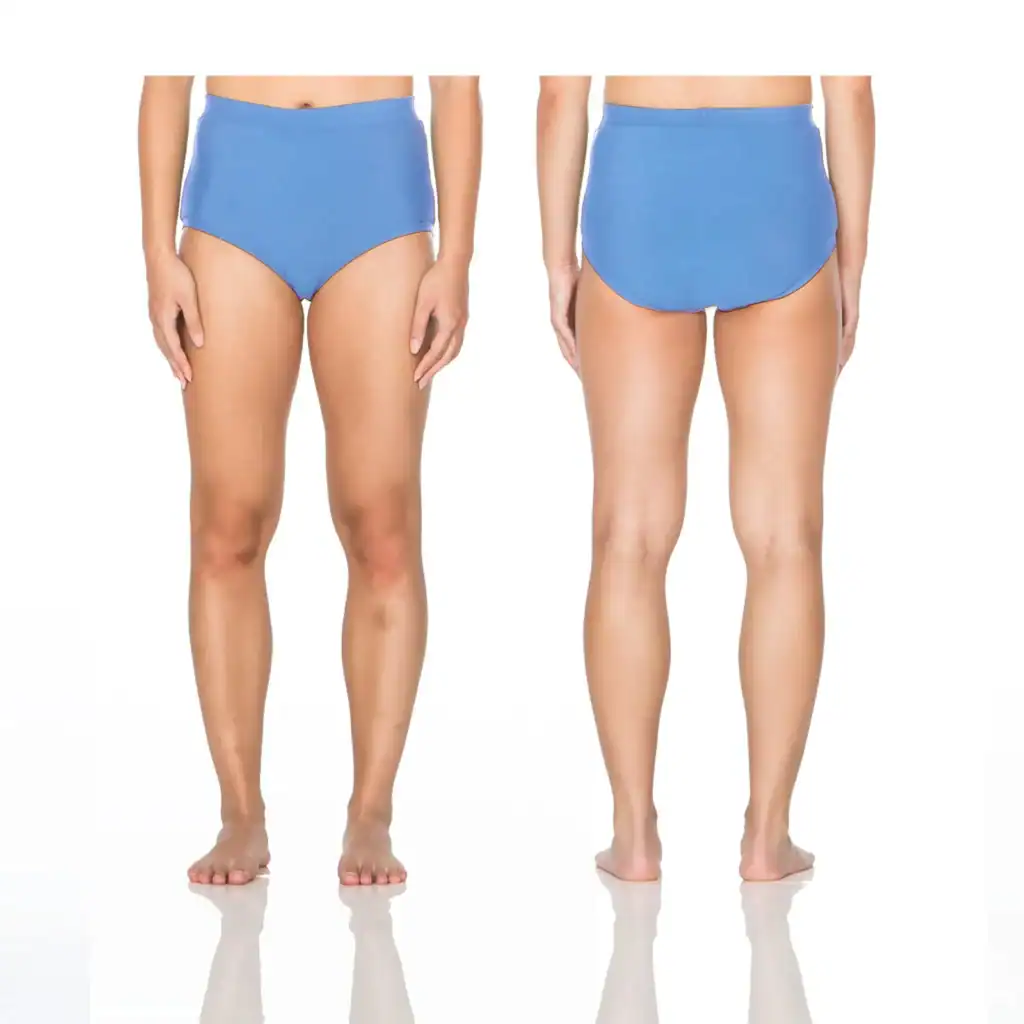Front and back views of blue high-waisted bikini bottoms