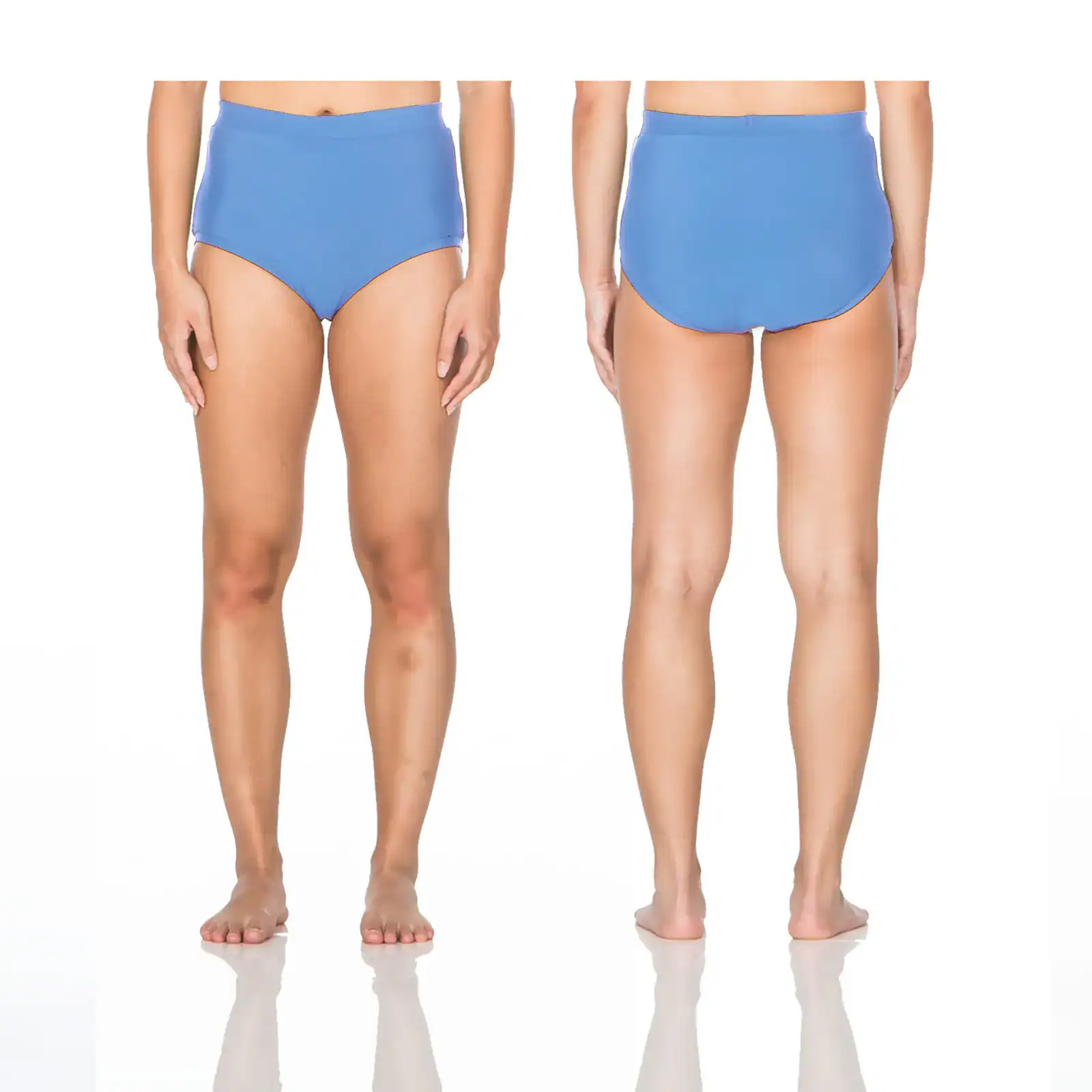 Front and back views of blue high-waisted bikini bottoms