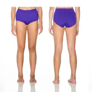 Front and back views of purple high-waisted bikini bottoms
