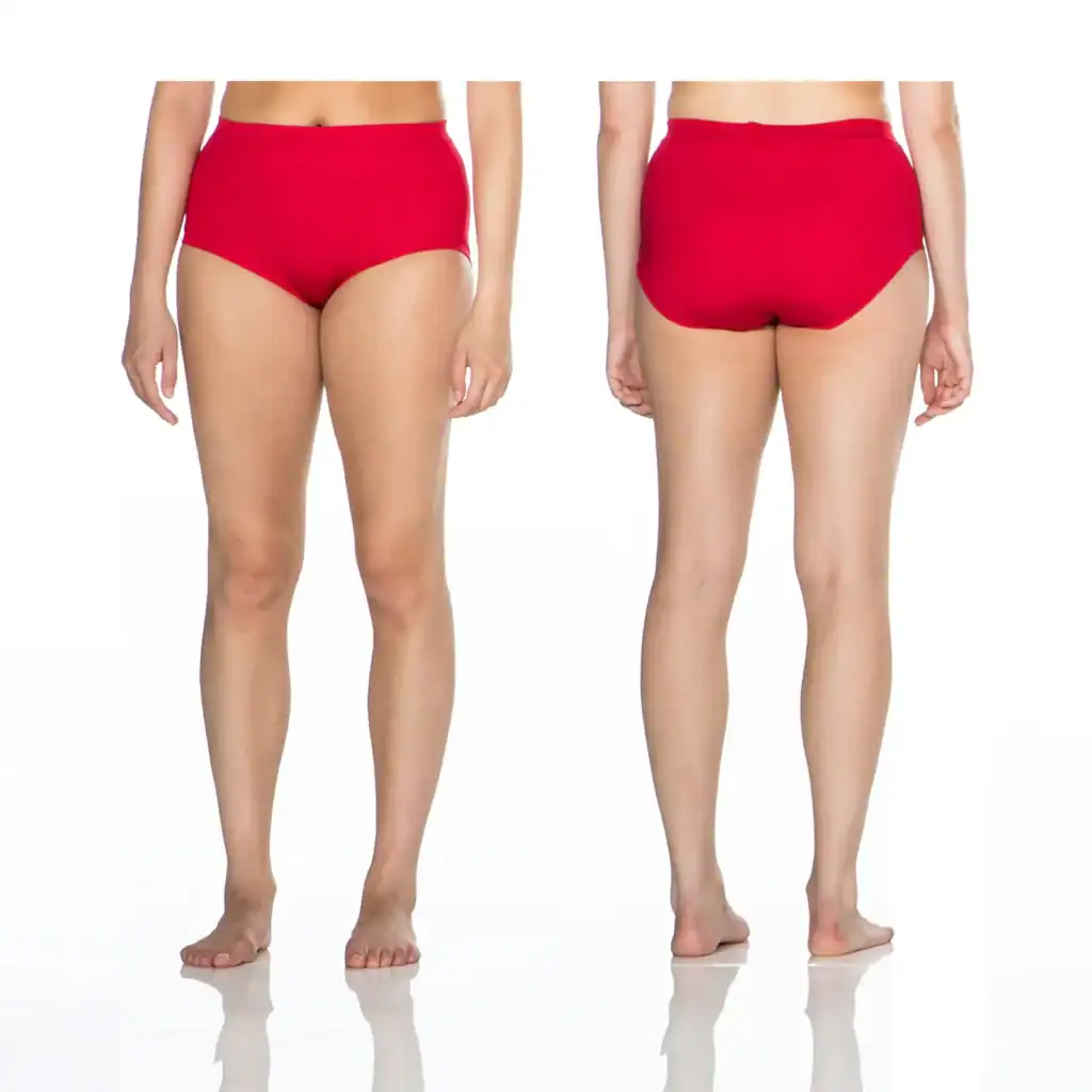 Front and back views of red high-waisted underwear