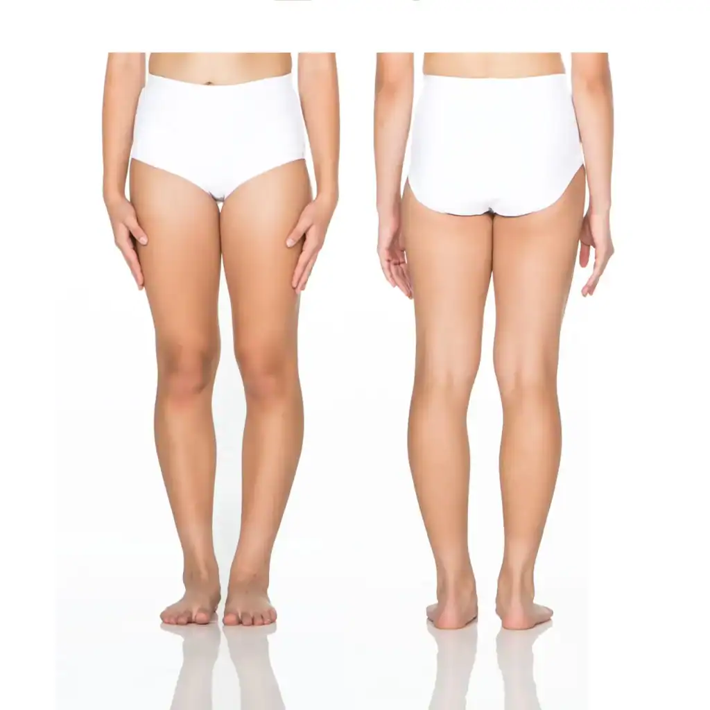 Front and back views of white high-waisted underwear