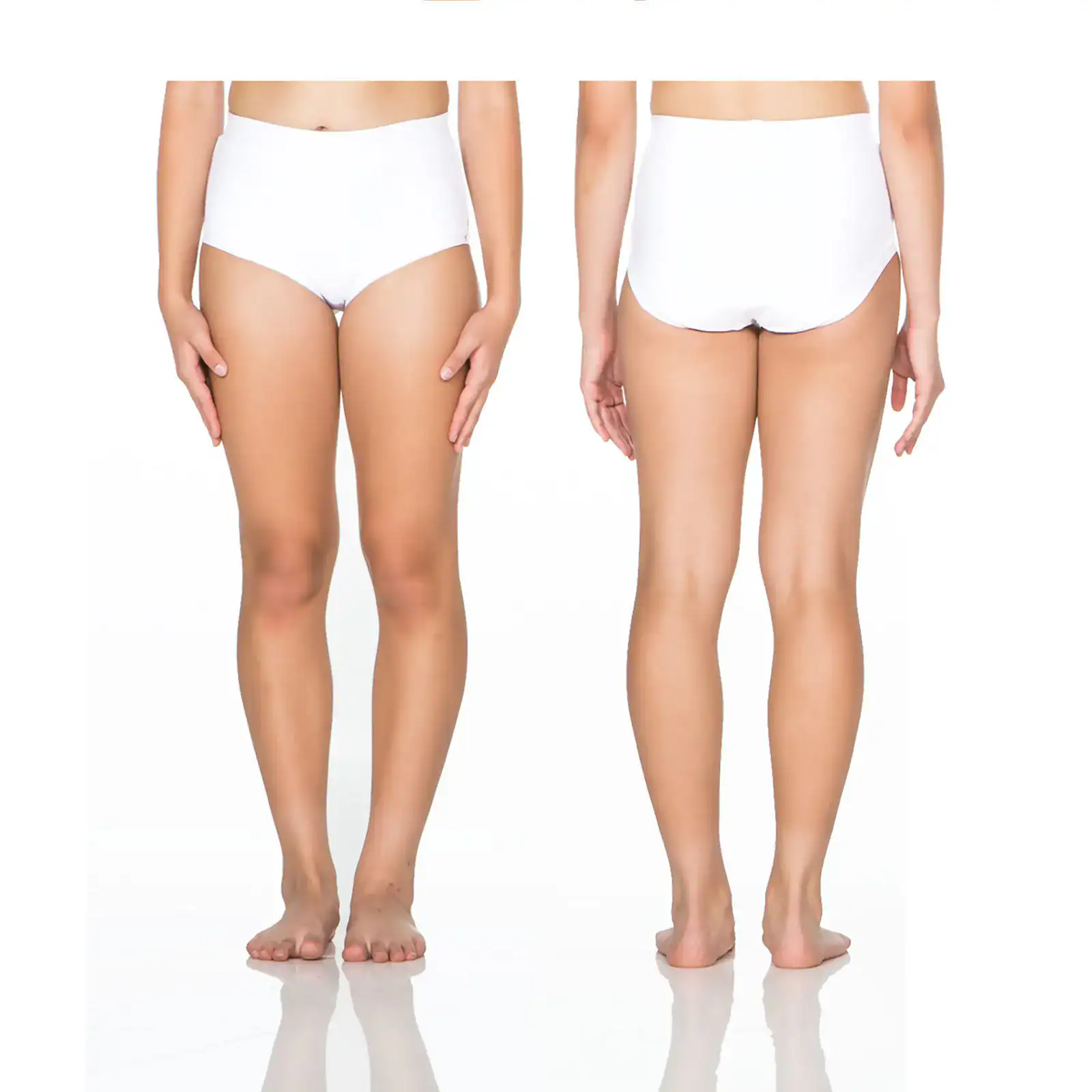 Front and back views of white high-waisted underwear