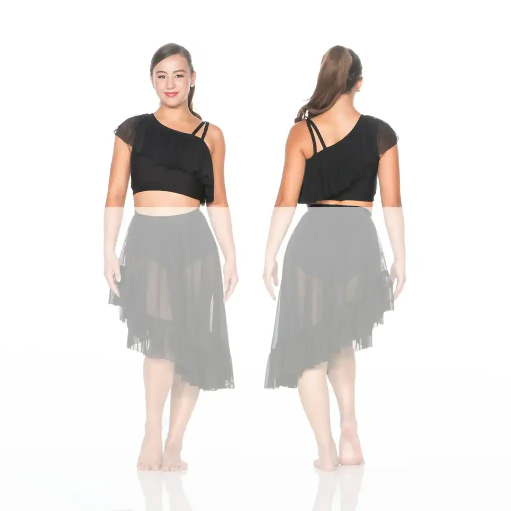 Front and back views of black asymmetrical dance costume