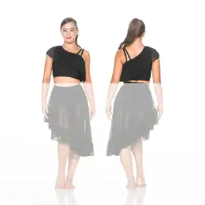 Front and back views of black asymmetrical dance costume