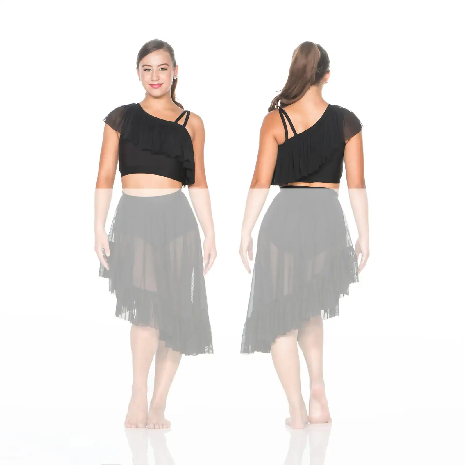 Front and back views of black asymmetrical dance costume