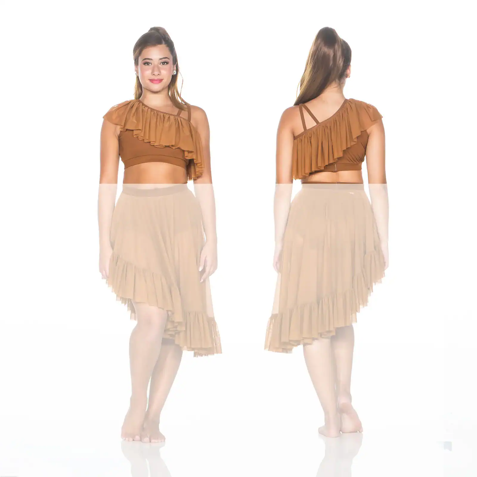 Front and back views of brown ruffled asymmetrical two-piece outfit