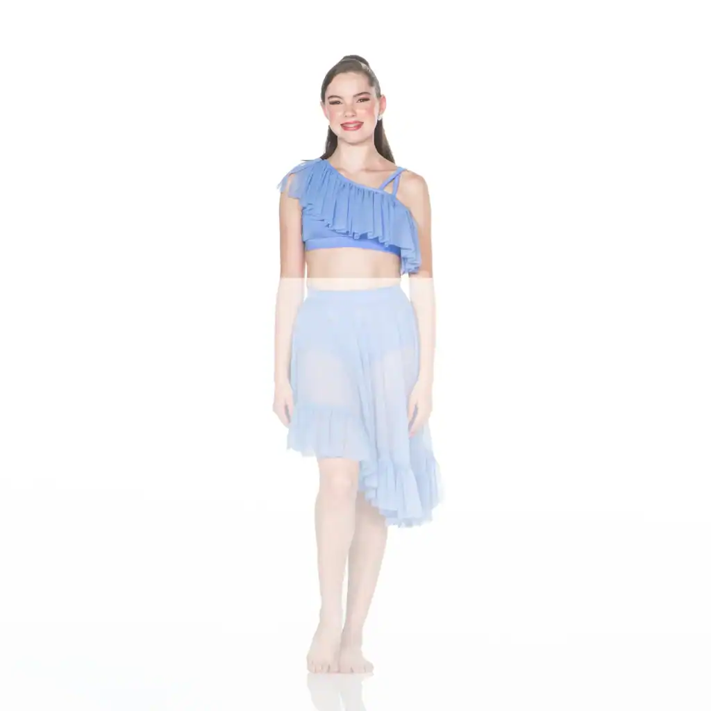 Woman modeling a light blue ruffled two-piece outfit